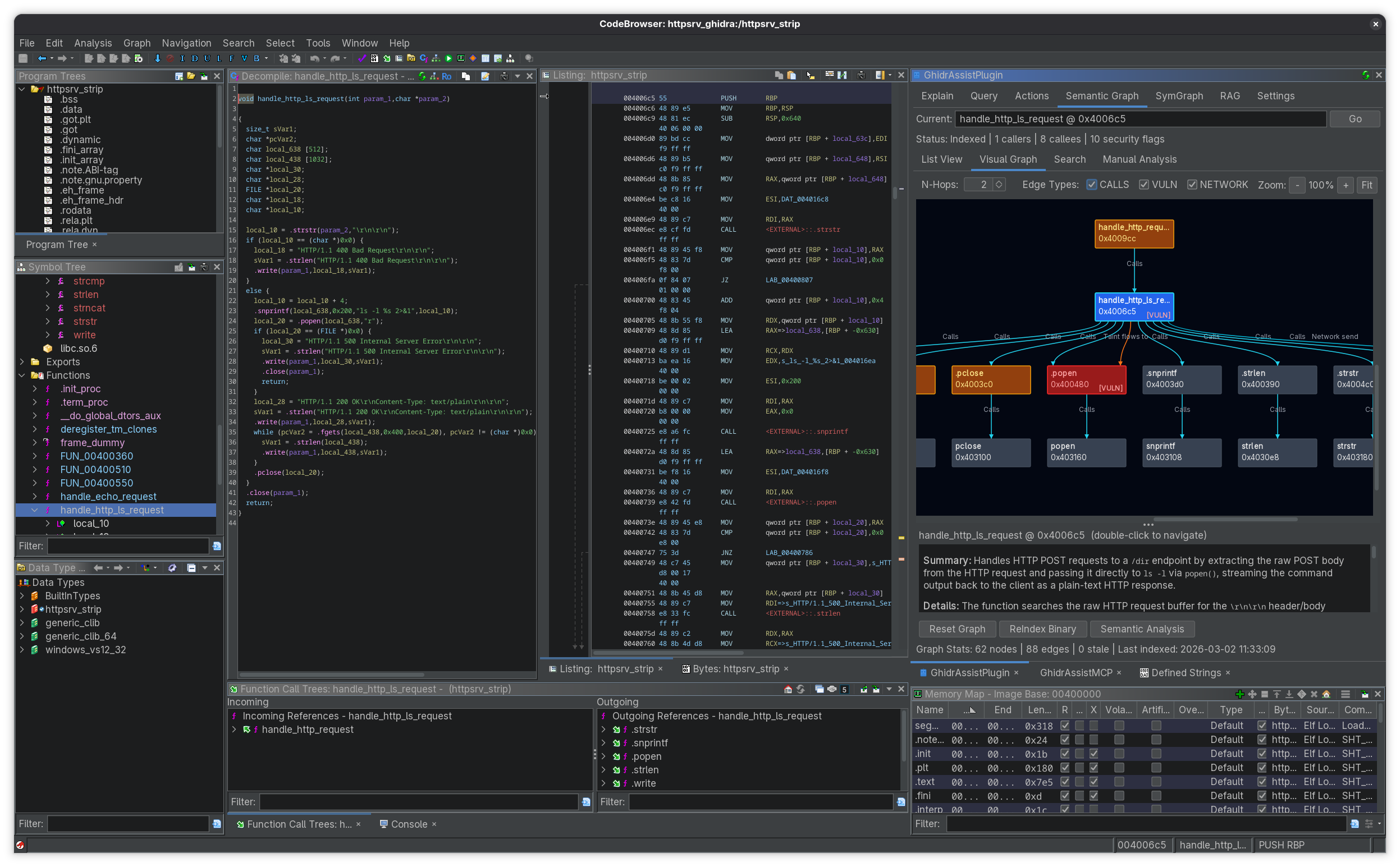 GhidrAssist open inside Ghidra with the AI-assisted reverse engineering workflow visible
